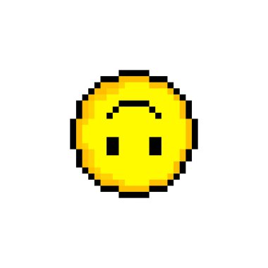 Piksel 8 bit sarı daire ve gülücük. Beyaz arka planda tek bir nesne var. Duygu işareti. Vektör illüstrasyonu