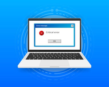 Ekran bilgisayarındaki web sayfası için işletim sistemi hata uyarısını kavra. 404 hata web sayfası. Pencere işletim sistemi uyarısı hatası. Vektör illüstrasyonu.