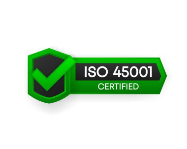 ISO 45001 sertifikalı yeşil vektör pankartı. Düz sertifika etiketi beyaz arkaplanda izole edildi. Gıda güvenliği kavramı. Vektör illüstrasyonu.