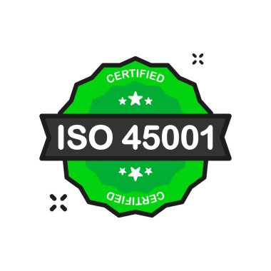 ISO 45001 onaylı yeşil vektör damgası. Düz sertifika etiketi beyaz arkaplanda izole edildi. Gıda güvenliği kavramı. Vektör illüstrasyonu.
