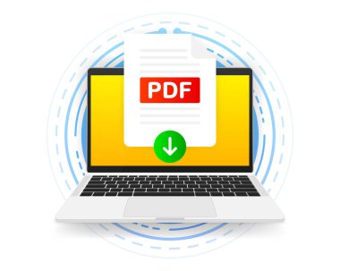 Ekran bilgisayarında etiketli PDF simge dosyası indir. Belge konsepti indiriliyor. Vektör illüstrasyonu.