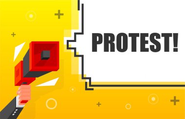 Protesto pankartı şablonu. Megafonlu bir pazarlama broşürü. Isometric ve piksel tarzı. Perakende tanıtım ve duyuru şablonu. Vektör illüstrasyonu.