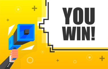 You Win banner template. Marketing flyer with megaphone. Isometric and pixel style. Template for retail promotion and announcement. Vector illustration. vector stock vector