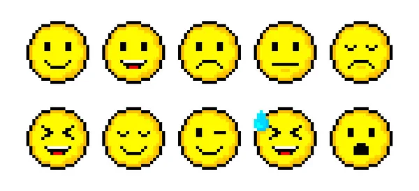 Pixel Bit Gele Cirkels Met Glimlach Collectie Geïsoleerde Objecten Een — Stockvector