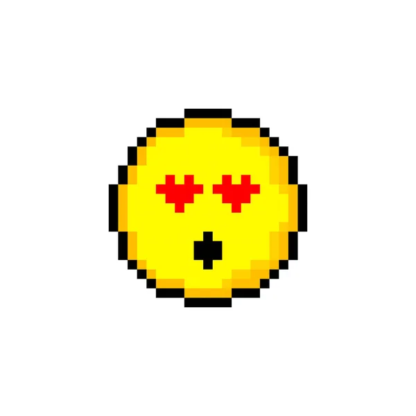 Pixel 8 bit žlutý kruh s úsměvem. Izolovaný objekt na bílém pozadí. Emoční znamení. Vektorová ilustrace. — Stockový vektor