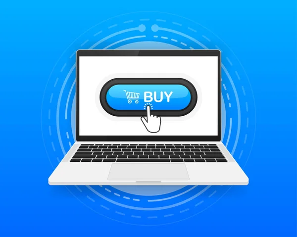 Comprar, botão e mão cursor no computador de tela. Botão azul comprar agora para o produto na loja online. Ilustração vetorial. — Vetor de Stock