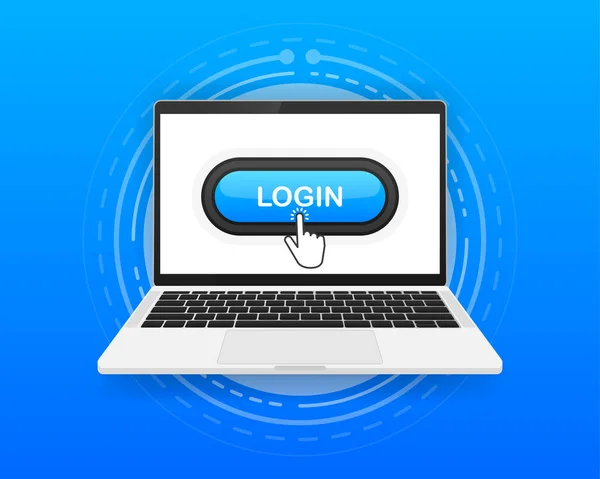 Login, button and hand cursor on the screen computer. Blue button login in internet, platform. Vector illustration. — Stock Vector