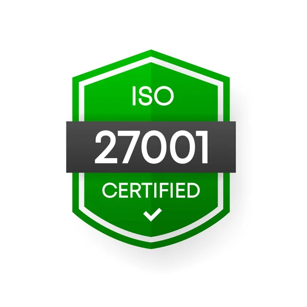 ISO 27001 Gecertificeerde groene vector banner. Platte certificatie label geïsoleerd op witte achtergrond. Voedselveiligheidsconcept. Vectorillustratie. — Stockvector