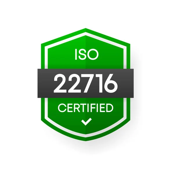 ISO 22716 Gecertificeerde groene vector banner. Platte certificatie label geïsoleerd op witte achtergrond. Voedselveiligheidsconcept. Vectorillustratie. — Stockvector