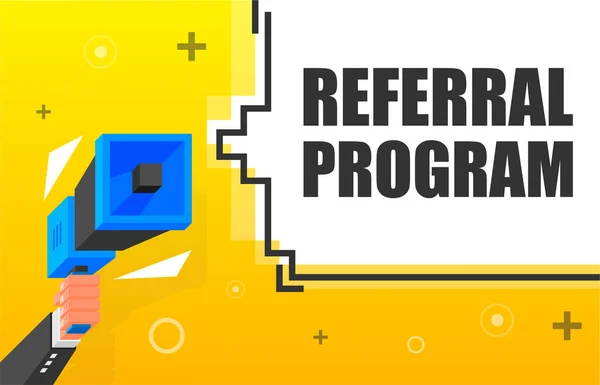 Modelo de banner do Programa de Referência. Folheto de marketing com megafone. Estilo isométrico e pixel. Modelo para promoção e anúncio de varejo. Ilustração vetorial. — Vetor de Stock