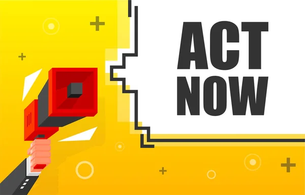 Act Now Banner-Vorlage. Marketingflyer mit Megafon. Isometrischer und Pixelstil. Vorlage für Einzelhandelsförderung und -ankündigung. Vektorillustration. — Stockvektor