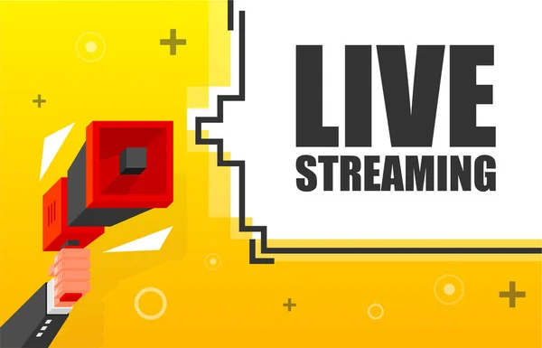 Live Streaming banner template. Volantino di marketing con megafono. Stile isometrico e pixel. Modello per la promozione e l'annuncio al dettaglio. Illustrazione vettoriale. — Vettoriale Stock