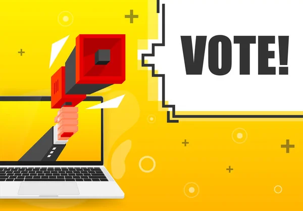 Modelo de banner de voto. Folheto de marketing com megafone. Estilo isométrico e pixel. Modelo para promoção e anúncio de varejo. Ilustração vetorial. — Vetor de Stock