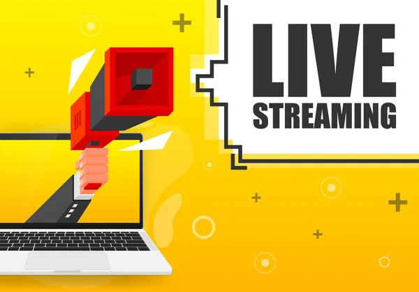 Live Streaming banner template. Marketing flyer with megaphone. Isometric and pixel style. Template for retail promotion and announcement. Vector illustration. — Stock Vector