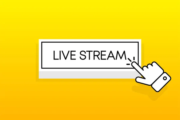 Pulsante 3D bianco con l'iscrizione Live Stream, isolato su uno sfondo giallo. Cursore del mouse. Design semplice. Illustrazione vettoriale. — Vettoriale Stock