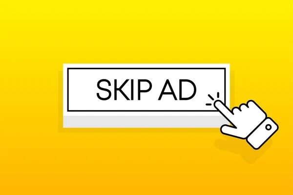 Witte 3D knop met de inscriptie Skip AD, geïsoleerd op een gele achtergrond. Muiscursor. Eenvoudig ontwerp. Vectorillustratie. — Stockvector
