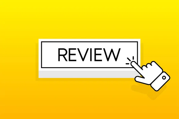 Botão 3D branco com a inscrição Review, isolado sobre fundo amarelo. Cursor de rato. Design simples. Ilustração vetorial. — Vetor de Stock