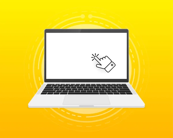 Laptop con puntatore o icona del cursore su sfondo giallo. Mockup per Online, PC, registrazione, internet, libro, mouse. Illustrazione vettoriale. — Vettoriale Stock
