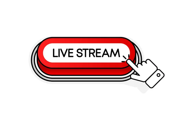 Botão 3D vermelho com a inscrição Live Stream, isolado sobre um fundo branco. Cursor de rato. Design linear. Ilustração vetorial. —  Vetores de Stock