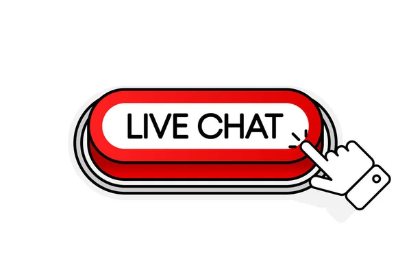 Live Chat 이라는 문구가 새겨져 있는 빨간 3D 버튼은 흰 배경에 분리되어 있었습니다. 마우스커서. 선형 설계. 벡터 일러스트. — 스톡 벡터