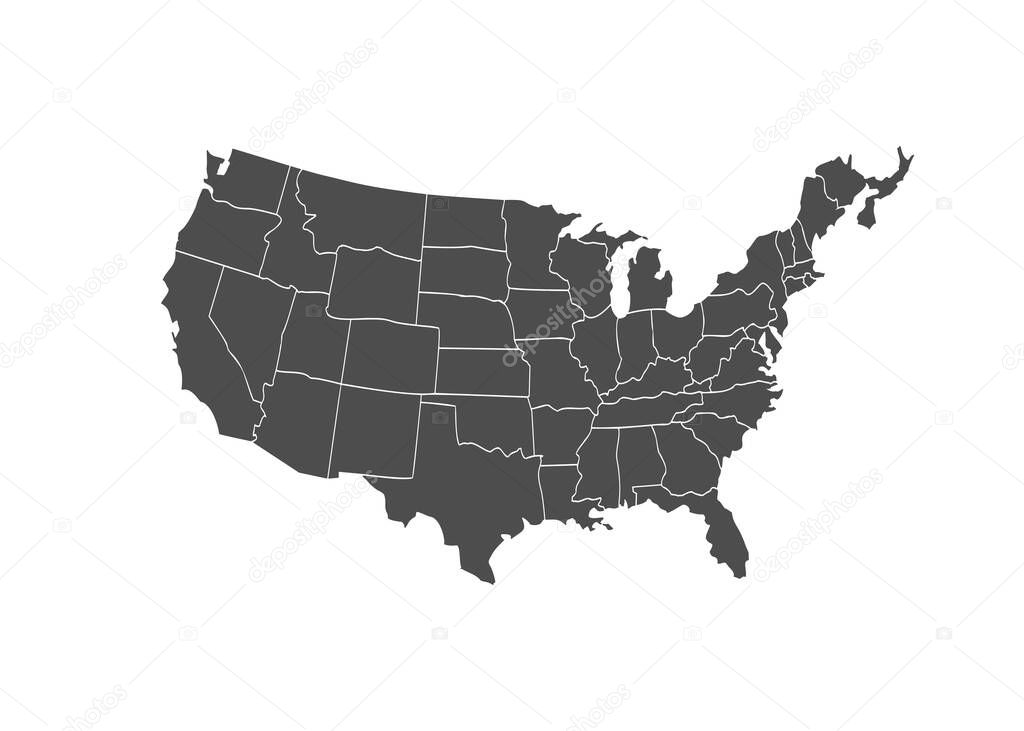 USA America Map States border isolated on white background. Vector illustration.