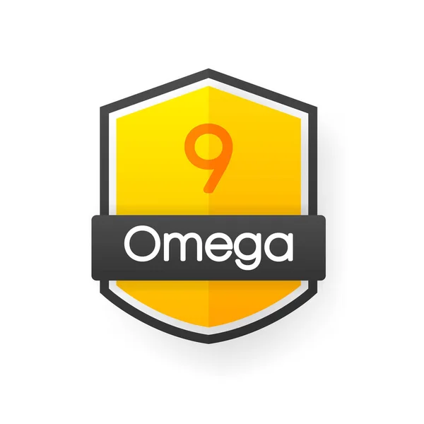 Suplemento Omega 9, logotipo signo vitamínico. Plantilla de diseño para publicidad o branding. Ilustración vectorial. — Vector de stock
