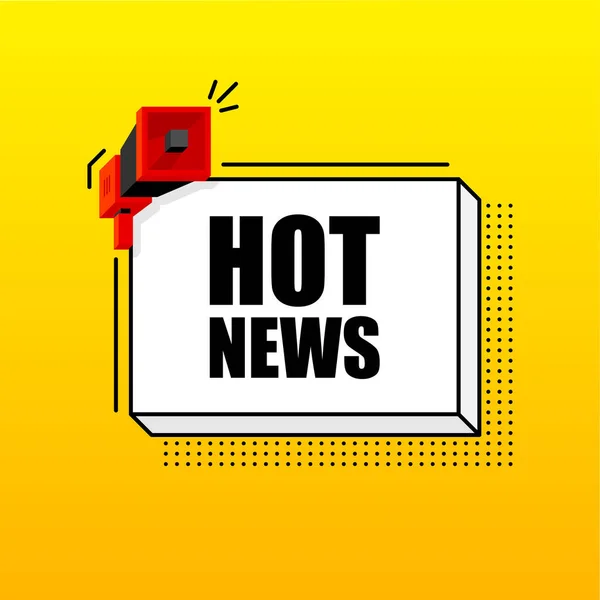 Plantilla de banner Hot News. Folleto de marketing con megáfono. Estilo isométrico y pixel. Plantilla para promoción y anuncio al por menor. Ilustración vectorial. — Vector de stock