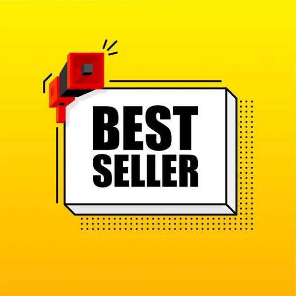 Modello banner Best Seller. Volantino di marketing con megafono. Stile isometrico e pixel. Modello per la promozione e l'annuncio al dettaglio. Illustrazione vettoriale. — Vettoriale Stock