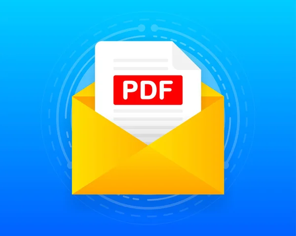 Envelope com arquivo PDF. Laptop e e-mail com anexo de documento PDF. Ilustração vetorial. — Vetor de Stock