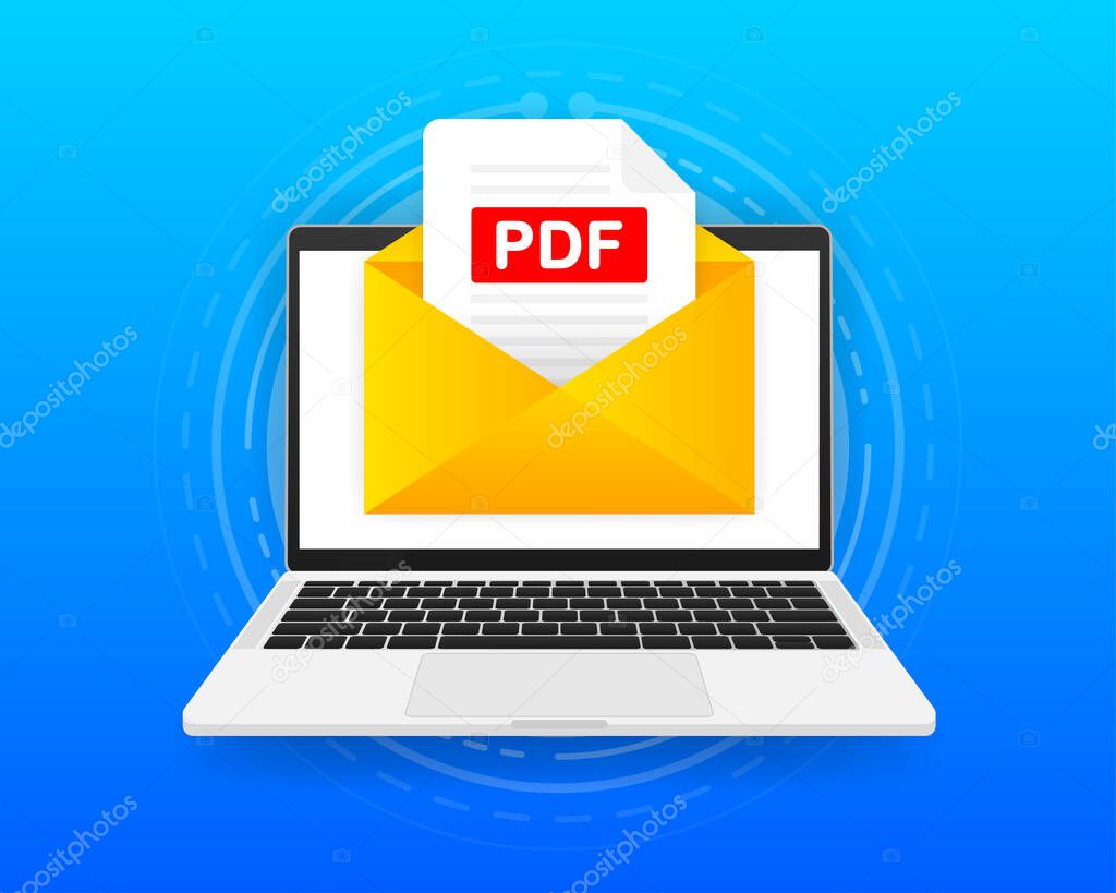 Computer with envelope and PDF file. Laptop and email with PDF document attachment. Vector illustration.