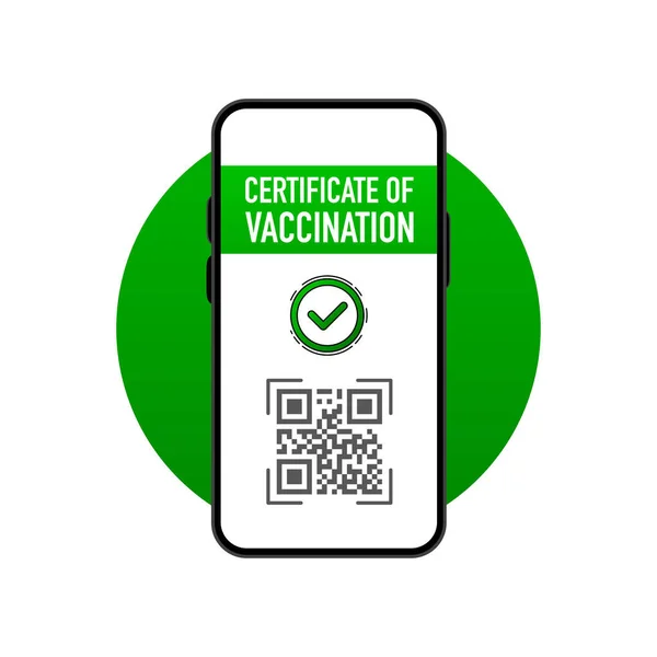 Impfbescheinigung am Telefon, um die Impfung gegen das Coronavirus covid-19 sicherzustellen. QR-Code scannen. Vektorillustration. — Stockvektor