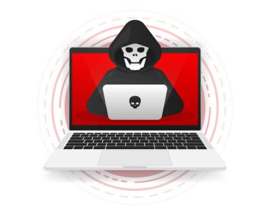 Korsanlar ve siber suçlular, kimlik hırsızlığı, şifre, kullanıcı girişi, belge, e-posta ve kredi kartı. Hacker logosu. Vektör illüstrasyonu.