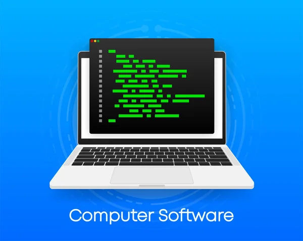 Sviluppo e programmazione del software, codice del programma sullo schermo del computer portatile. Illustrazione vettoriale. — Vettoriale Stock