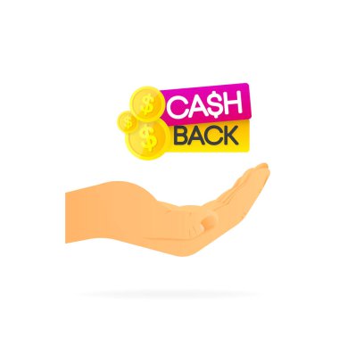 El ele tutuşma, nakit iade tabelası. Gerçekçi bir el. Beyaz arka plan. Vektör illüstrasyonu