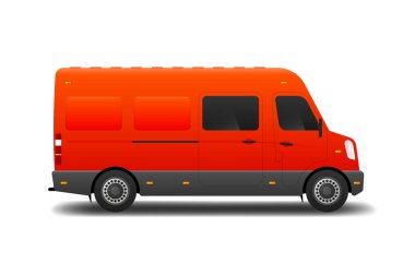 Gerçekçi otobüs maketi. Teslimat için kırmızı kargo aracı. Vektör illüstrasyonu