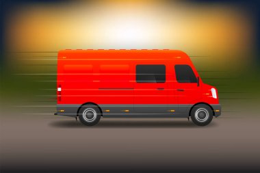 Gerçekçi otobüs maketi. Teslimat için kırmızı kargo aracı. Vektör illüstrasyonu