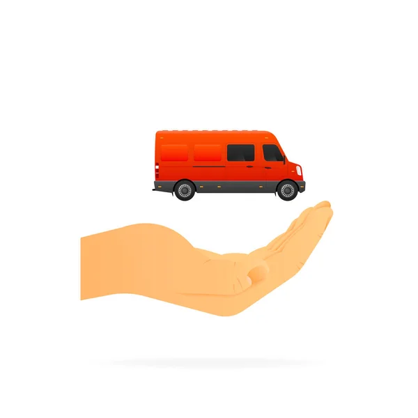 Realistic Bus Mockup Hand Holding Red Cargo Van Delivery Vector — Stock Vector