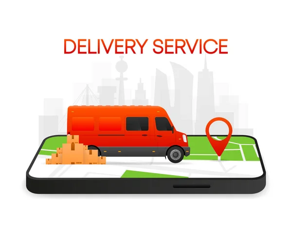 Express Delivery Service Concept Phone Device Mobile App Red Cargo — Stock Vector