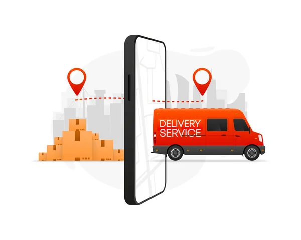 Express Delivery Service Concept Phone Device Mobile App Red Cargo — Stock Vector