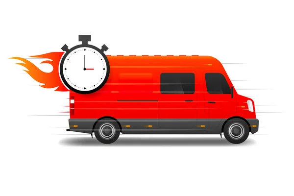 Express Delivery Service Concept Timer Clock Red Cargo Van Delivery — Stock Vector
