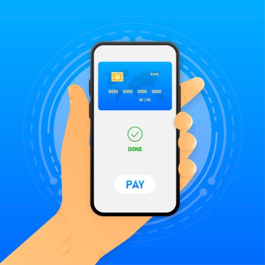 Mobil online ödeme. Telefon ekranında kredi kartı var. İnternetten alışveriş. Vektör illüstrasyonu