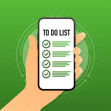 Yapılacaklar Listesi ile birlikte akıllı telefon. Mobil konsantrasyon gelişim konseptinde. Vektör illüstrasyonu