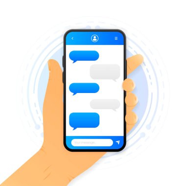 Bildirimli akıllı telefondan el ele tutuşmak. Mobile Online Sohbet konsepti. Vektör illüstrasyonu
