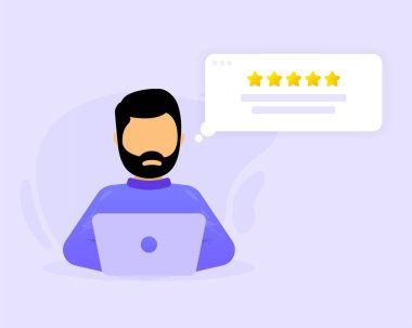 Beş Yıldız Derecelendirme. Bilgisayar konsepti olan erkekler. Çevrimiçi değerlendirme. Vektör illüstrasyonu