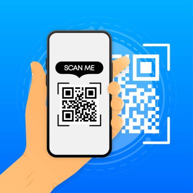 QR kodu konsepti taranıyor. Ödeme için QR kodu. El ele tutuşan telefon. Vektör illüstrasyonu