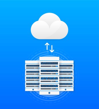 Veri İşleme Merkezi. Soyut dijital depolama. Sunucu çiftliğini buluta bağlıyorum. Veritabanı kavramı. Vektör illüstrasyonu