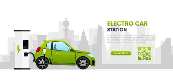 Şarj Istasyonunda Elektrikli Araba Var Kodunu Tara Batarya Aracı Fişe — Stok Vektör