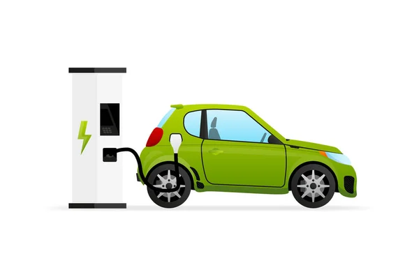 充电站的电动车 车辆正在充电 电池电动汽车插座和得到电 矢量说明 — 图库矢量图片#