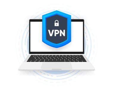 VPN servisi. Güvenli VPN bağlantı konseptine sahip dizüstü bilgisayar. Siber güvenlik, güvenli ağ trafiği, veri koruması. Vektör illüstrasyonu