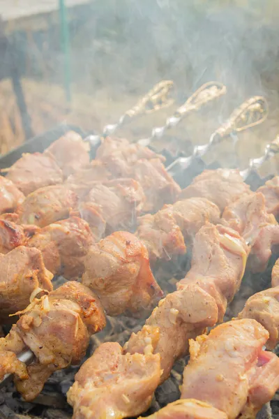 Shish Kebab Kawałków Wieprzowiny Jest Gotowane Szaszłykach Grillu — Zdjęcie stockowe